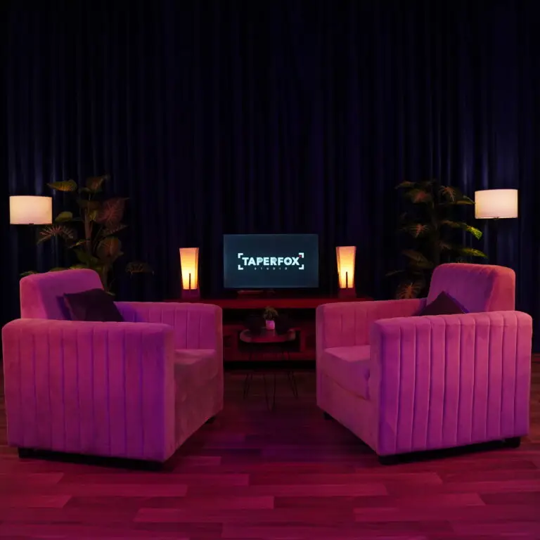 A cozy podcast studio setup with RGB Lights