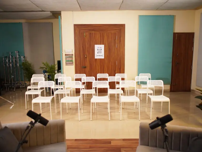 Podcast studio crew area seating arrangements.