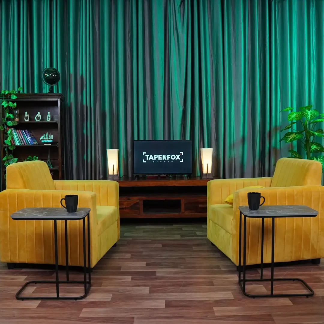 Beautiful podcast studio setup and background with RGB lights