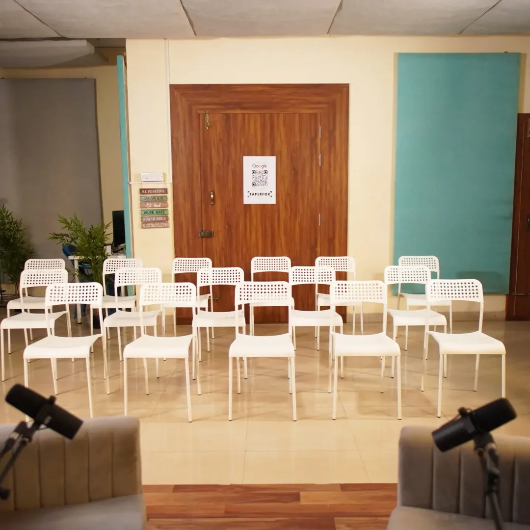 Podcast studio crew area seating arrangements.